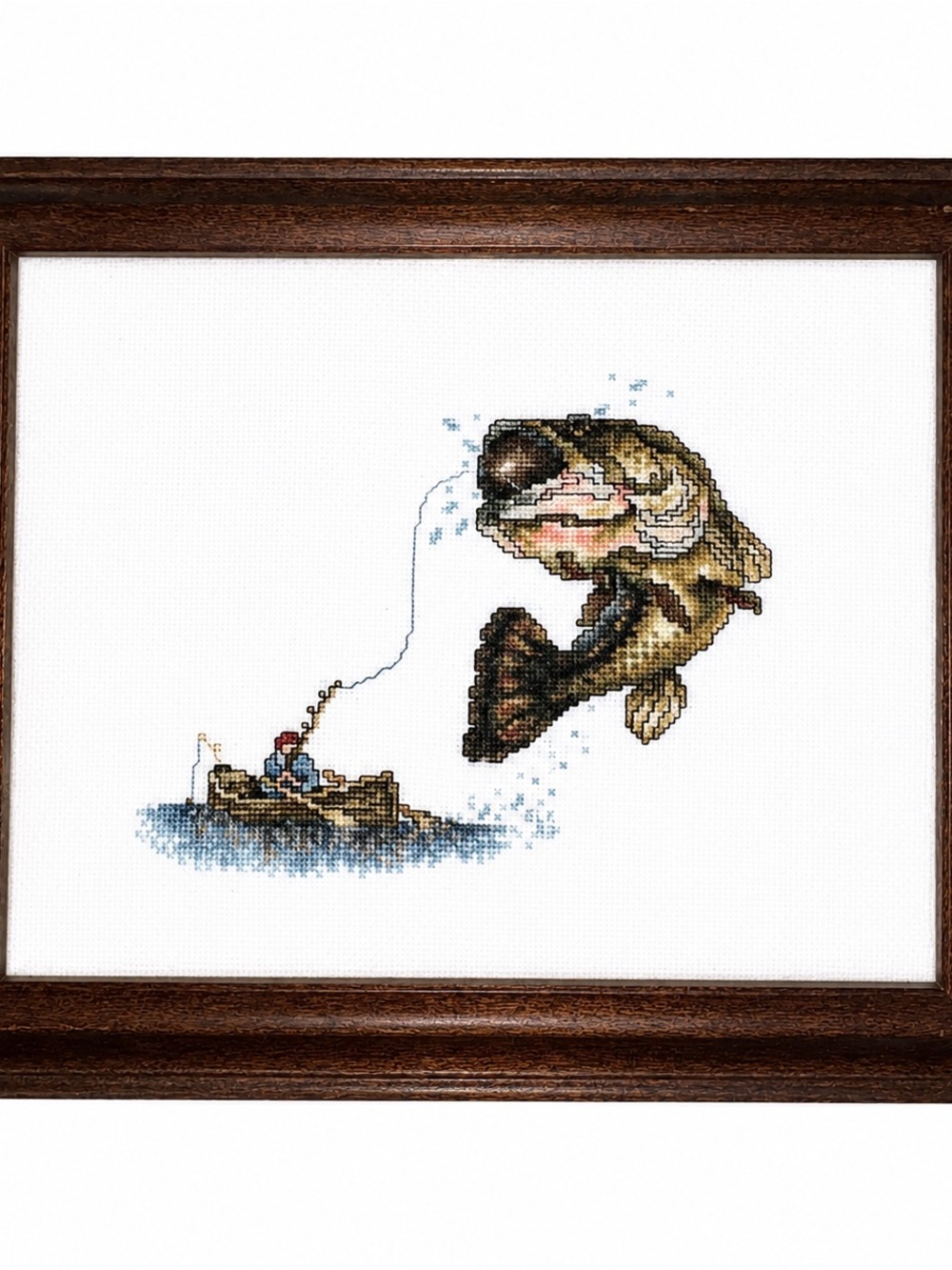 Framed Fish Cross-Stitch Wall Art - Brown & Blue Nautical Decor